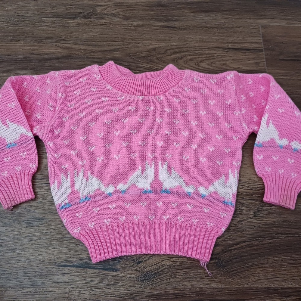 Vintage Pink Knit Kids Sweater White Duck Swan Intarsia Pattern Crewneck 24 mos